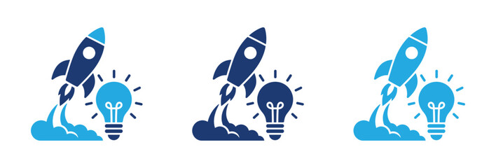 Fototapeta premium Business startup concept icons featuring rocket launch and glowing light bulb for creative innovation.