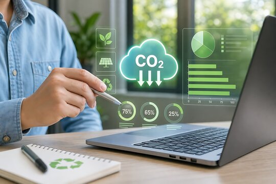 Business professional analyzing carbon footprint data on laptop with co2 emissions infographic