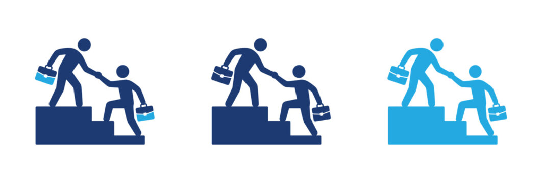 Business teamwork concept icon showing professional helping colleague climb stairs to reach success.
