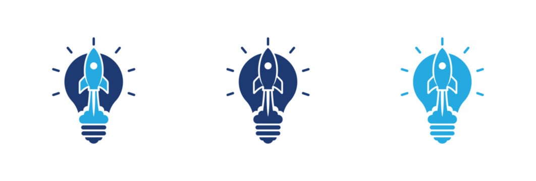 Creative business startup concept with rocket launching from light bulb icons in blue colors.
