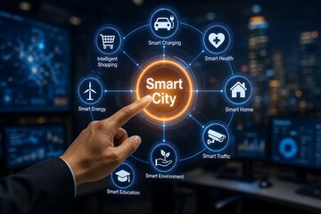 Fototapeta premium Futuristic smart city concept with digital interface and urban technology icons