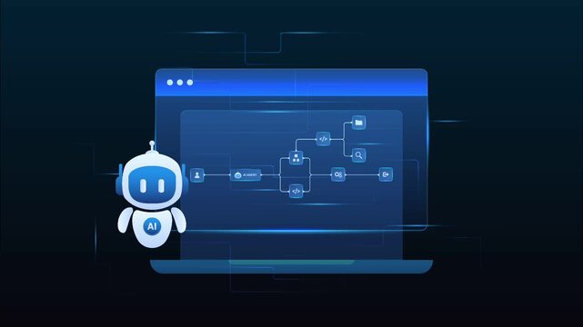 Futuristic AI workflow automation dashboard with ai agent assistant, ai diagram system and automation pipelines, looped animation