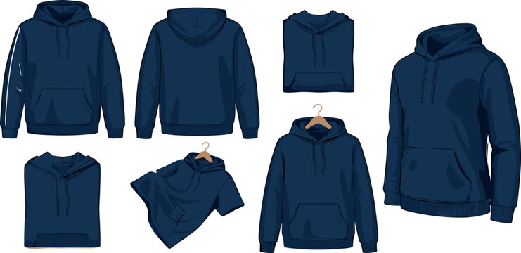 Navy blue hoodie vector mockup template collection featuring blank sweatshirt designs from front back side view folded layouts and wooden hanger presentations (23 words)