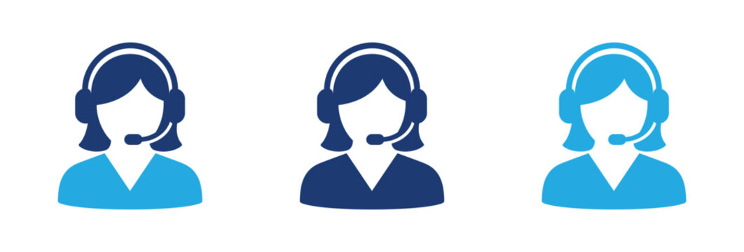 Customer service representative icons with headsets for call center support and online assistance.