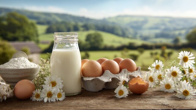 Fresh farm ingredients with milk bottle eggs and flour on rustic wooden table