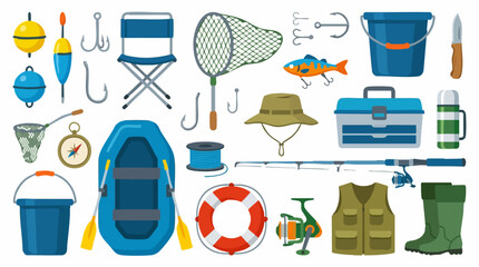 Various fishing equipment and angling accessories for outdoor recreation © Zigmate