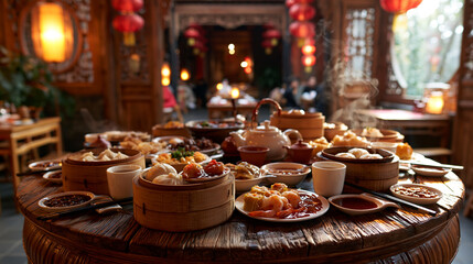 Naklejka premium Warm Oriental Dining Scene with Dim Sum Dishes and Tea Cups