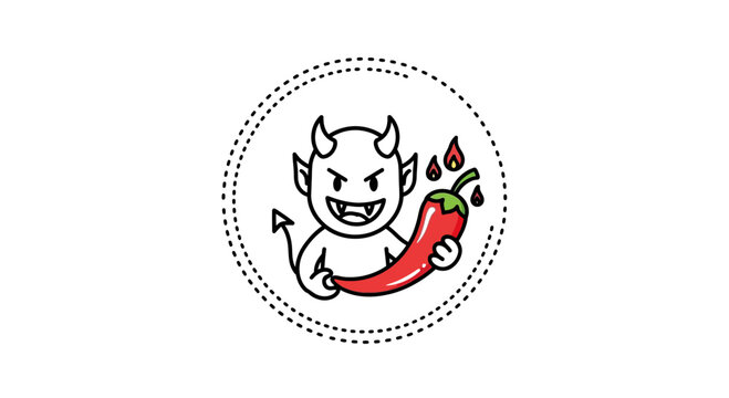 Cute Devil Holding Spicy Chili Pepper with Flames - Cartoon Style Icon
