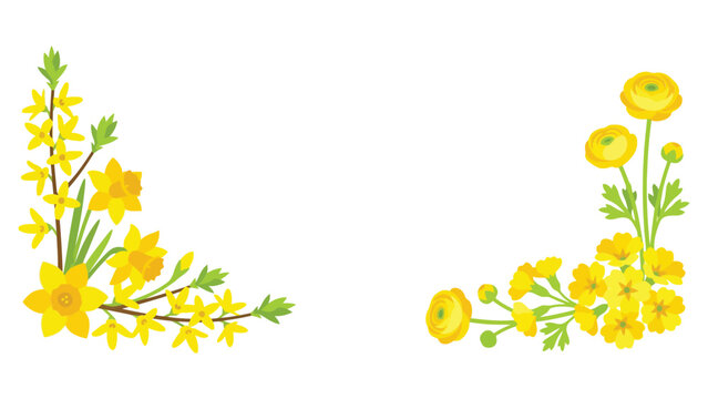 Yellow spring flower clipart corner borders, floral illustration for invitations and cards