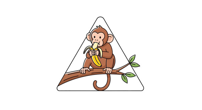Cute monkey eating banana on branch cartoon illustration