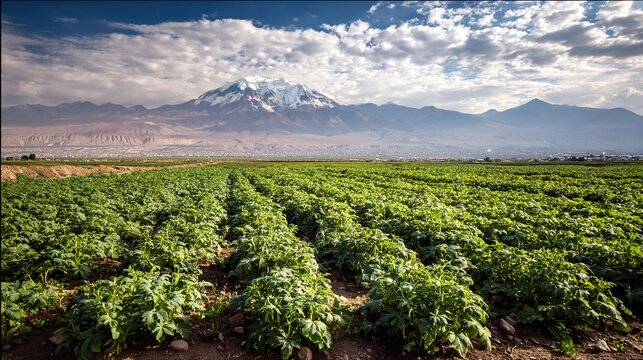 maca. A field of maca plants under a vast sky with the Andes mountains in the distance. travel magazines, destination branding, designed for travel destination branding, drives exploration.