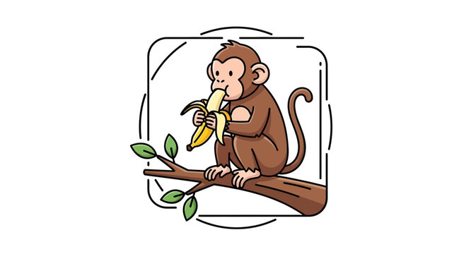 Cute monkey eating banana on tree branch, cartoon style illustration