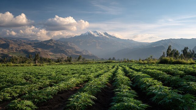 maca. A field of maca plants under a vast sky with the Andes mountains in the distance. travel magazines, destination branding, designed for travel destination branding, drives exploration.