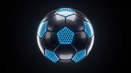 Naklejka premium Futuristic glowing blue soccer ball on black background