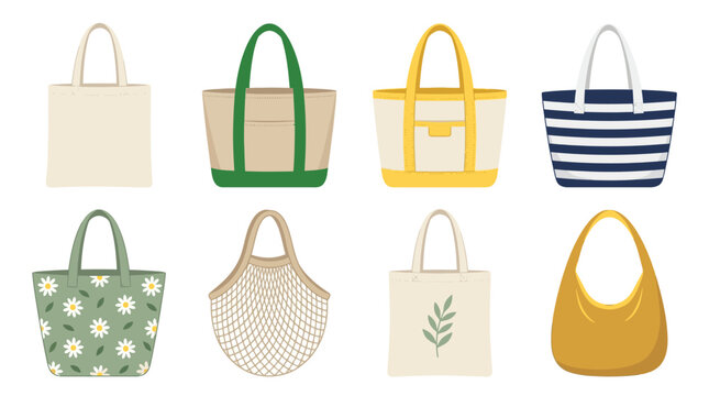 Collection of various stylish tote and shopping bags in different designs and colors
