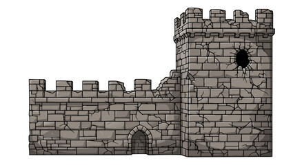 Ruined Medieval Stone Castle Wall Vector Design Illustration Featuring A Fortified Tower With Cracks And Damage For Fantasy Game Assets © Purnomo Semlirick