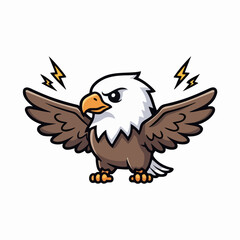 Fototapeta premium Cartoon bald eagle with spread wings and lightning, full body shot, displaying power, vector illustration style, bright studio light, on clean white background.