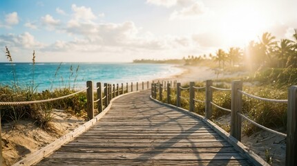 Obraz premium Wooden Boardwalk Path Leading to a Tropical Beach Paradise at Sunrise.