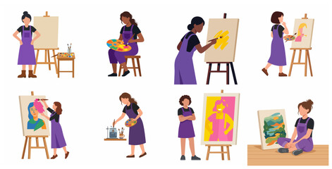Fototapeta premium Diverse Women Artists Collection with Easels, Canvases, and Paint Palettes in Flat Vector Illustration Style