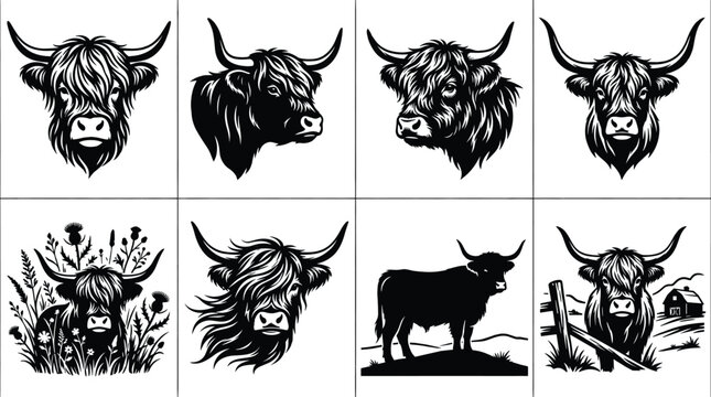 Black silhouette vector illustrations of Highland cattle heads and full-body designs with horns, shaggy hair, and rural elements