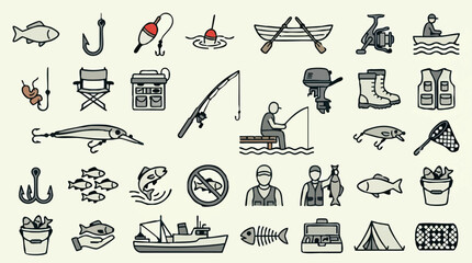 Fishing and angling icons set with various fishing gear and equipment © Zigmate