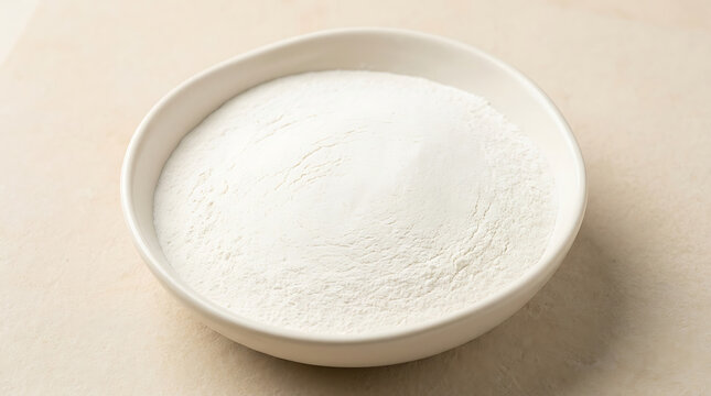 White arrowroot powder in a shallow ceramic bowl on a textured surface