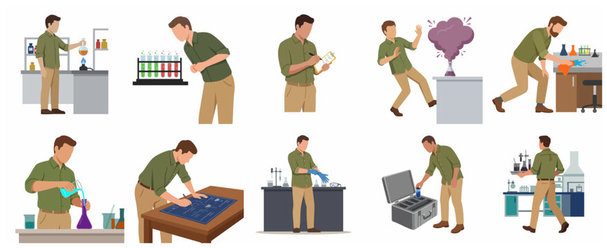 Set of flat vector illustrations featuring a male scientist or lab technician performing various chemical research activities, experiments, and laboratory maintenance tasks.