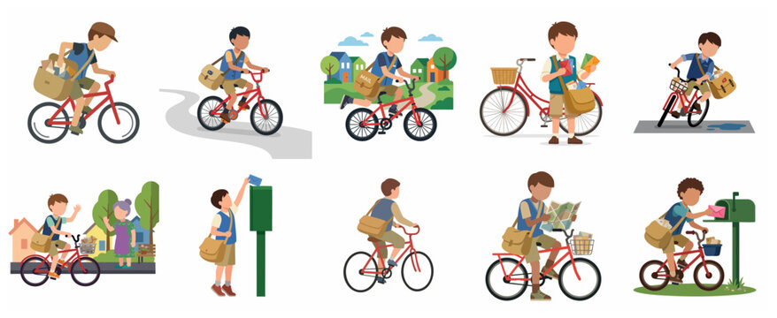 Set of flat vector illustrations of a young paperboy delivering mail and newspapers on a bicycle in various neighborhood scenes and poses.