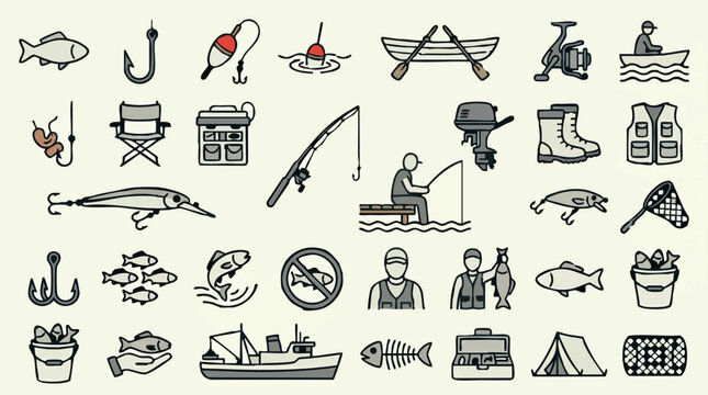 Fishing and angling icons set with various fishing gear and equipment