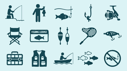 Fishing activity and equipment icons set on light blue background © Zigmate