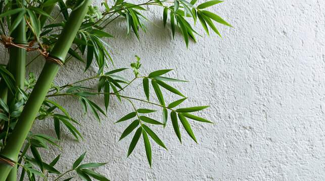 Green Bamboo Stalks and Leaves Against White Textured Wall