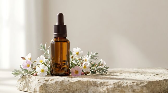 A dark amber glass dropper bottle containing cistus essential oil placed on a textured natural stone surface with blooming white rockrose flowers nearby.