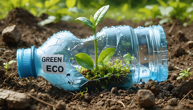 An upscaled 3D macro photograph satirizing greenwashing featuring a green plant sprout breaking through a shattered plastic bottle with a white Green Eco label on soil.