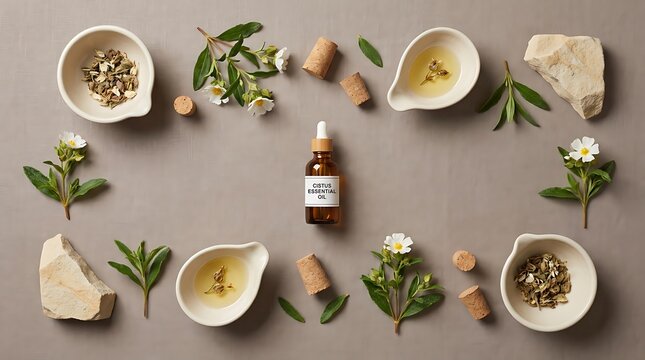 Minimalist flat lay featuring cistus essential oil in a glass dropper bottle surrounded by fresh rockrose blossoms and dried herbs on a neutral stone surface.