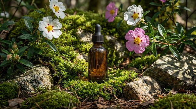A small amber glass dropper bottle of cistus essential oil rests on lush green moss surrounded by delicate pink and white rockrose flowers in a sunny forest setting.