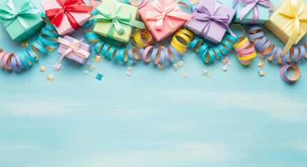 Fototapeta premium Top view of a festive frame made of colorful presents and sprinkles on a blue background, perfect for a party invitation or card