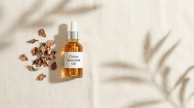 Amber glass dropper bottle with cistus essential oil surrounded by dried botanical petals on a clean textured surface with soft organic plant shadows.
