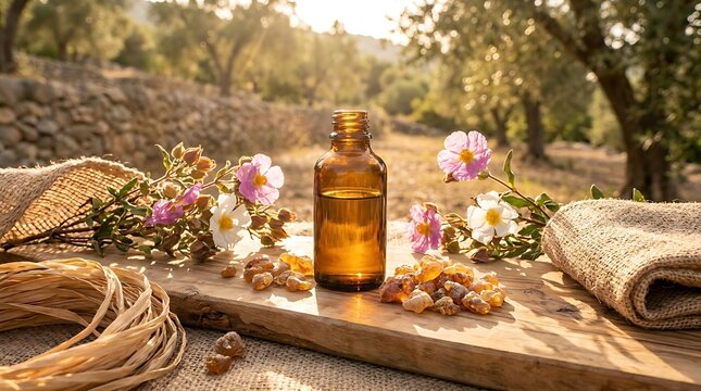 Amber glass bottle of cistus essential oil with pink rockrose flowers and labdanum resin on a rustic wooden table in a sunlit mediterranean garden.