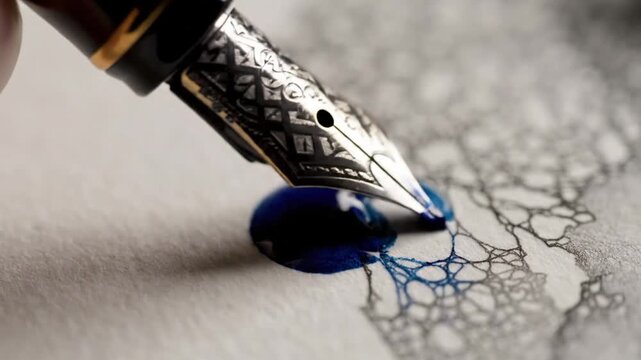 Fountain pen nib with blue ink drop on textured paper