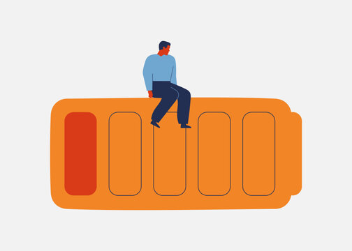 Burnout concept with sad businessman with apathy and depress. man sits on the big battery with low energy. vector illustration