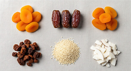 Fototapeta premium Dried apricots, dates, raisins, sesame seeds, and coconut flakes on gray fabric