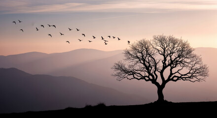 Obraz premium Flock of migratory birds flying over silhouettes of large lonely oak tree on hilltop against beautiful pink sunset sky and foggy mountain peaks.