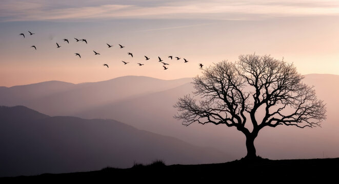 Flock of migratory birds flying over silhouettes of large lonely oak tree on hilltop against beautiful pink sunset sky and foggy mountain peaks.