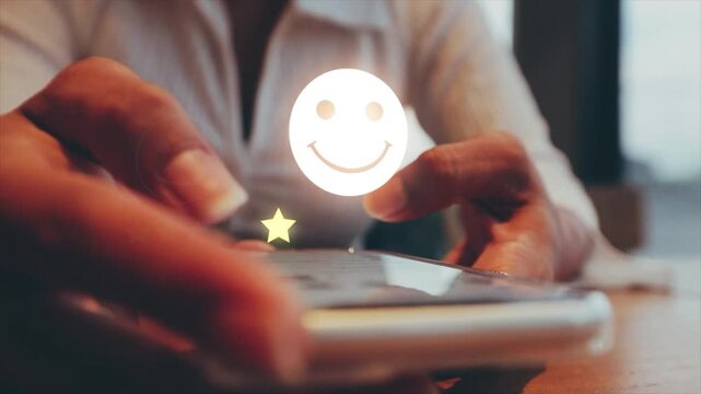 Woman gives five star review online. Excellent customer experience evaluation.	