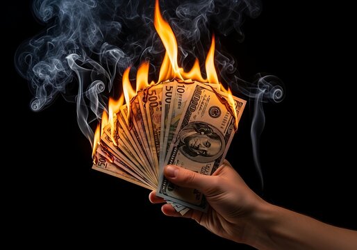 Hand holding burning cash with smoke rising on a black background