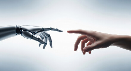 Fototapeta premium Futuristic conceptual image showing mechanical robotic hand touching human hand isolated on white background representing artificial intelligence progress.