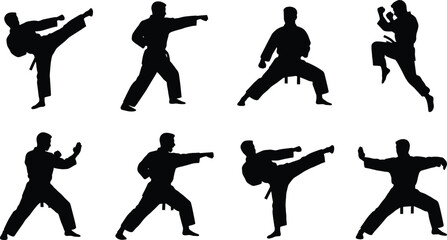 Set of black silhouettes featuring a male martial artist performing various karate kicks and punches © Designer Arif