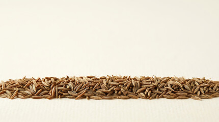Obraz premium Horizontal line of dried cumin seeds on a light beige ceramic surface