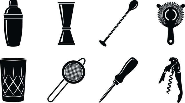 Set of black silhouette bartending tools and cocktail mixology equipment icons isolated on white background