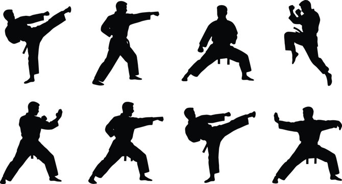 Set of black silhouettes featuring a male martial artist performing various karate kicks and punches